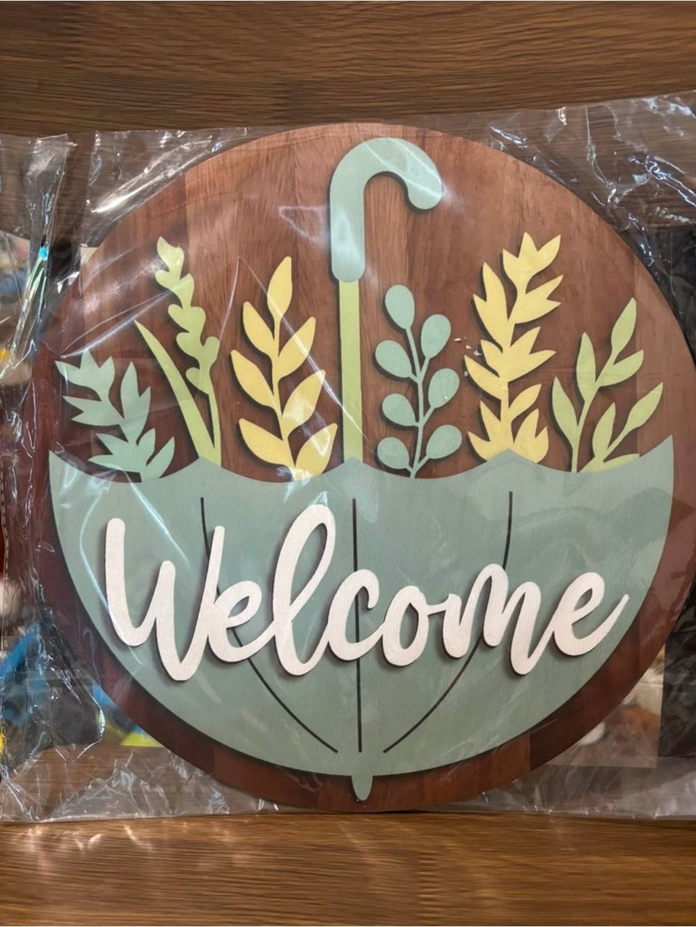 Amazon Wooden Welcome Wall Sign with Sage Green Umbrella and White Script